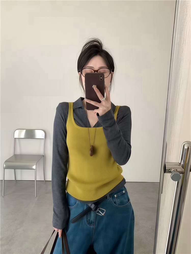 실사 둘째 머리카락 한 부서 몸매 가꾸기 슬림해 보이는 긴팔 티셔츠 캐주얼 배색 맨위 여성 투피스 세트