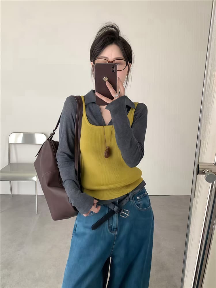 실사 둘째 머리카락 한 부서 몸매 가꾸기 슬림해 보이는 긴팔 티셔츠 캐주얼 배색 맨위 여성 투피스 세트 이미지 2