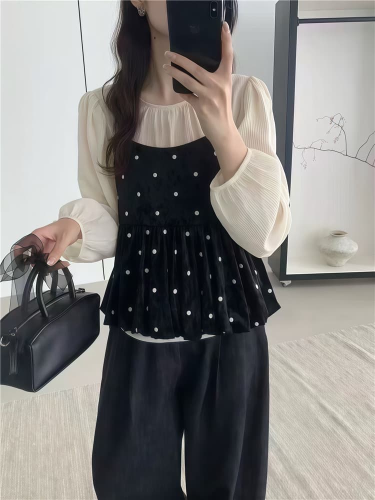 실사 둘째 머리카락 가을 도트 무늬 캐미솔 루즈핏 긴팔 셔츠 고급 센스 투피스 세트 상세 이미지 3