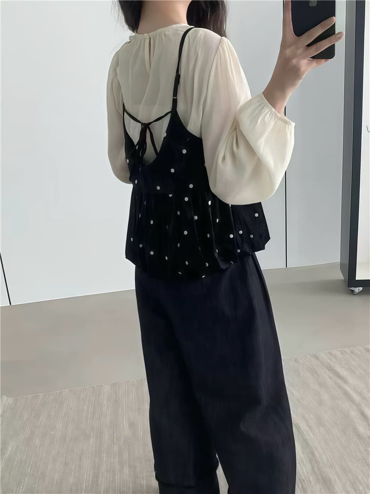 실사 둘째 머리카락 가을 도트 무늬 캐미솔 루즈핏 긴팔 셔츠 고급 센스 투피스 세트 상세 이미지 4