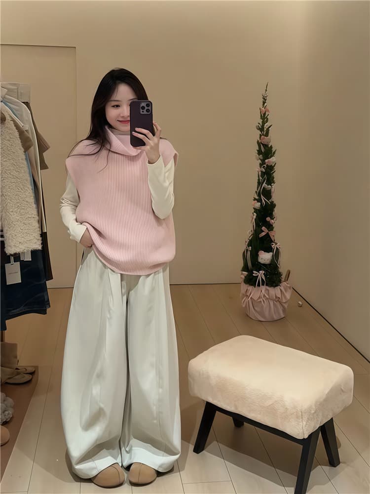 실사 핑크색 달콤함 터틀넥 니트 베스트 조끼 스택 착용 화이트 긴팔 기본 셔츠 투피스 세트 상세 이미지 5
