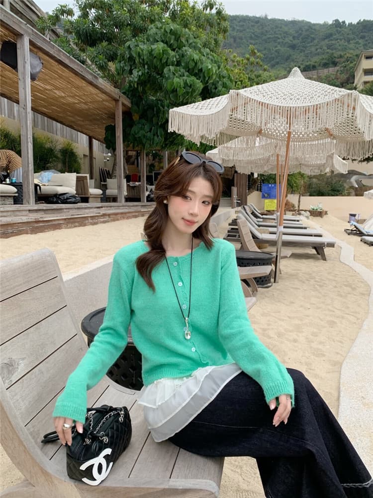 실사 둘째 머리카락 한 부서 슬립 드레스 인사이드 가져 가라. 스택 착용 목이버섯 레이스 니트 오픈 가디건 여성 상세 이미지 1