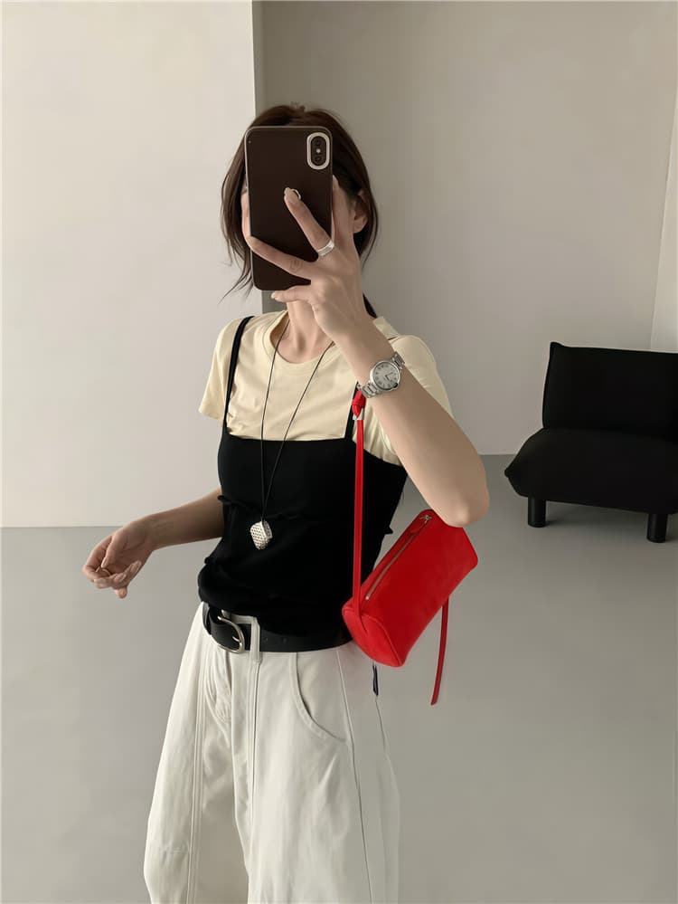 실사 한 부서 디자인 센스 프릴 캐미솔 스택 착용 단색 다용도 반팔 티셔츠 투피스 세트 상세 이미지 8