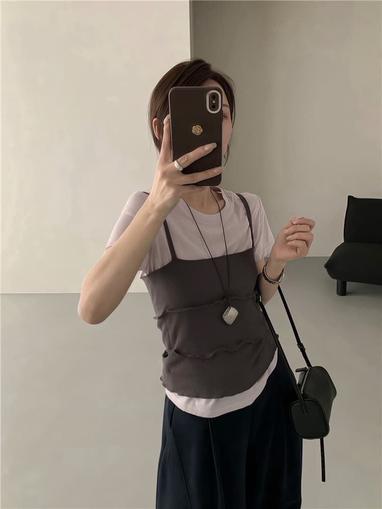 실사 한 부서 디자인 센스 프릴 캐미솔 스택 착용 단색 다용도 반팔 티셔츠 투피스 세트 상세 이미지 14