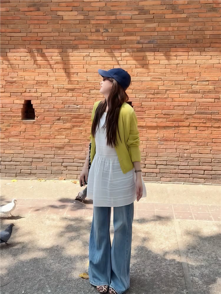 실사 둘째 머리카락 한국 스타일 루즈핏 민소매 자수 조끼 스커트 스택 착용 라운드 넥 니트 오픈 가디건 투피스 세트 이미지 4