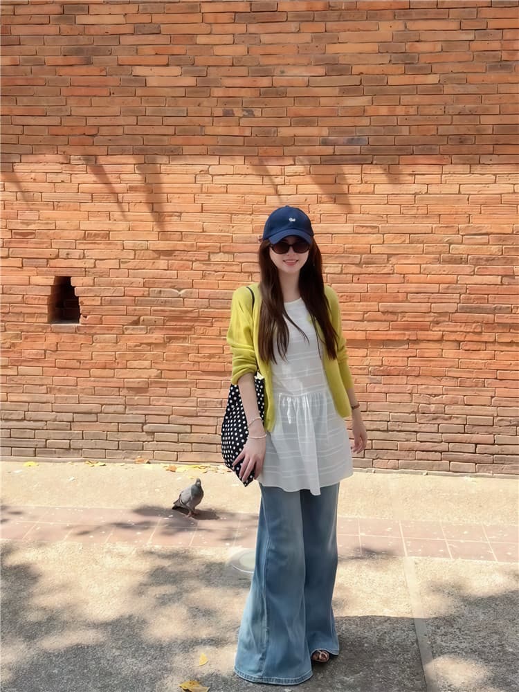 실사 둘째 머리카락 한국 스타일 루즈핏 민소매 자수 조끼 스커트 스택 착용 라운드 넥 니트 오픈 가디건 투피스 세트 이미지 5