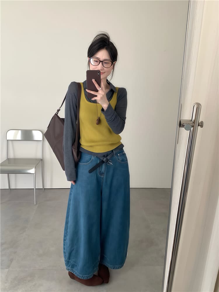실사 둘째 머리카락 한 부서 몸매 가꾸기 슬림해 보이는 긴팔 티셔츠 캐주얼 배색 맨위 여성 투피스 세트 이미지 3