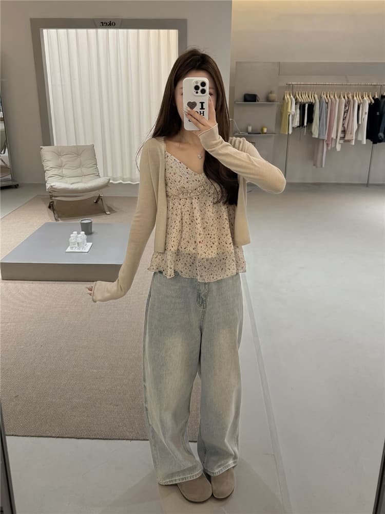 실사 프랑스식 꽃무늬 슬립 프릴 디자인 센스 캐미솔 긴팔 재킷 투피스 세트 이미지 2