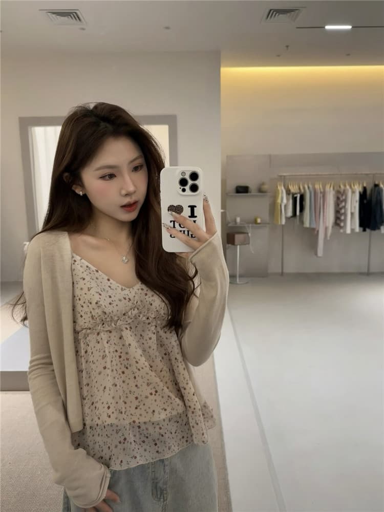 실사 프랑스식 꽃무늬 슬립 프릴 디자인 센스 캐미솔 긴팔 재킷 투피스 세트 상세 이미지 3