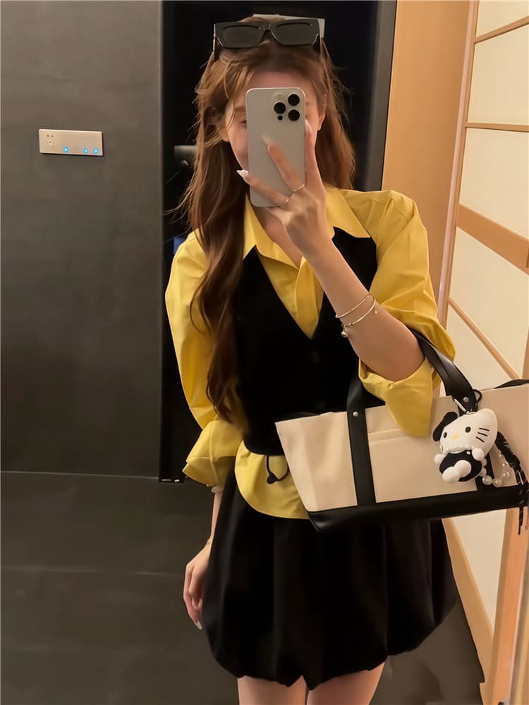 실사 둘째 머리카락 레트로 황색 블랙 배색 행침 목 니트 조끼 세트 이른 가을 스택 착용 셔츠 사실 투피스 세트 상세 이미지 1