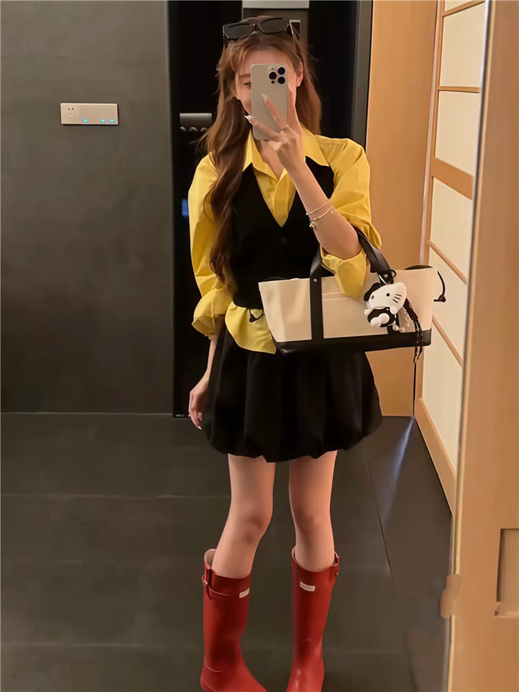 실사 둘째 머리카락 레트로 황색 블랙 배색 행침 목 니트 조끼 세트 이른 가을 스택 착용 셔츠 사실 투피스 세트 상세 이미지 2
