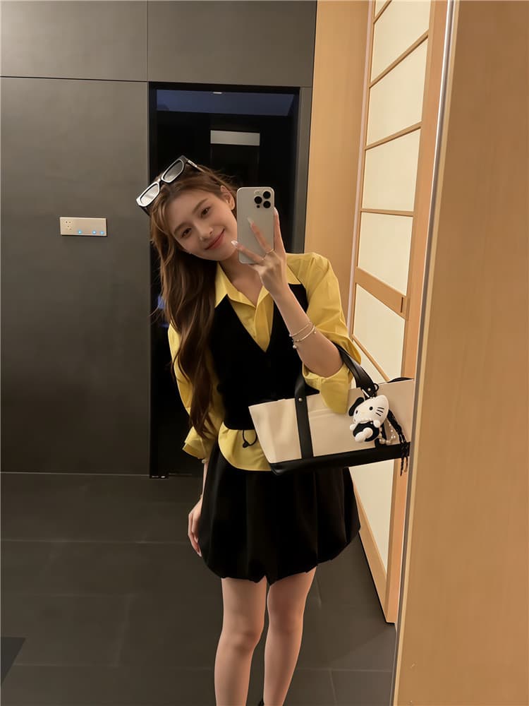 실사 둘째 머리카락 레트로 황색 블랙 배색 행침 목 니트 조끼 세트 이른 가을 스택 착용 셔츠 사실 투피스 세트 상세 이미지 4