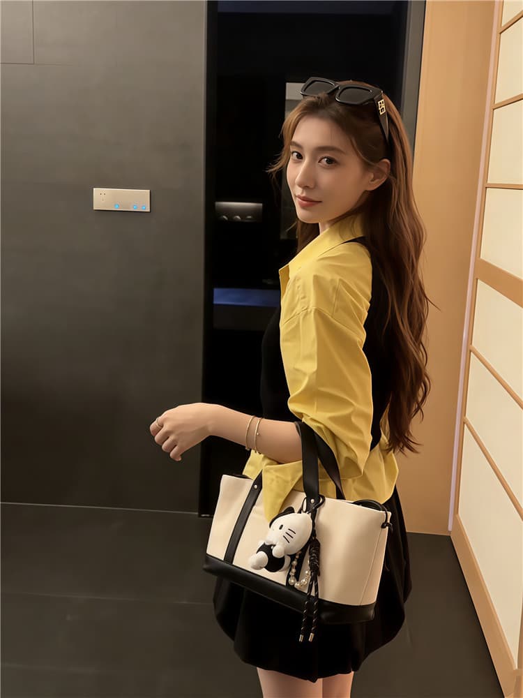 실사 둘째 머리카락 레트로 황색 블랙 배색 행침 목 니트 조끼 세트 이른 가을 스택 착용 셔츠 사실 투피스 세트 상세 이미지 5
