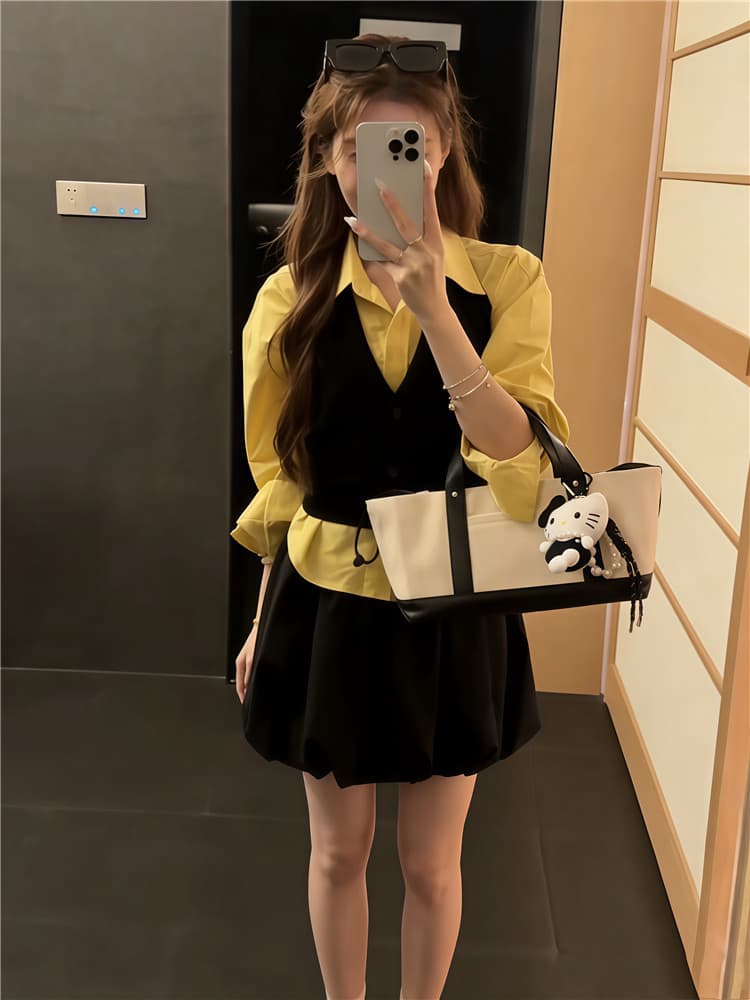 실사 둘째 머리카락 레트로 황색 블랙 배색 행침 목 니트 조끼 세트 이른 가을 스택 착용 셔츠 사실 투피스 세트 상세 이미지 6