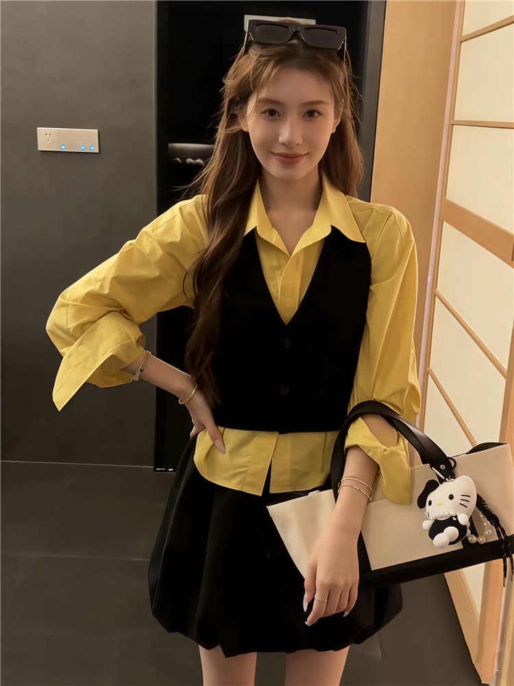 실사 둘째 머리카락 레트로 황색 블랙 배색 행침 목 니트 조끼 세트 이른 가을 스택 착용 셔츠 사실 투피스 세트 상세 이미지 7