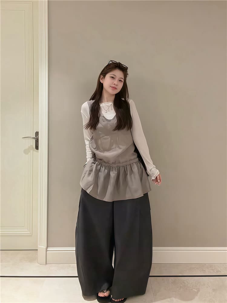실사 둘째 머리카락 미니멀리즘 허리 수축 캐미솔 스택 착용 긴팔 기본 셔츠 투피스 세트 상세 이미지 4
