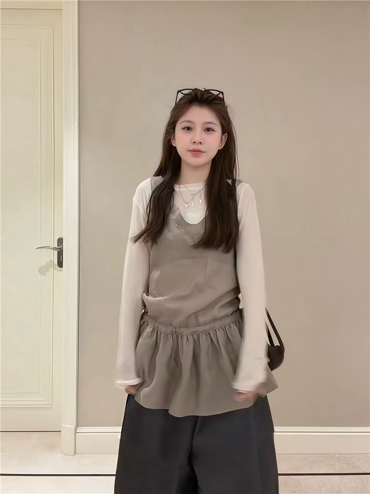 실사 둘째 머리카락 미니멀리즘 허리 수축 캐미솔 스택 착용 긴팔 기본 셔츠 투피스 세트 상세 이미지 5