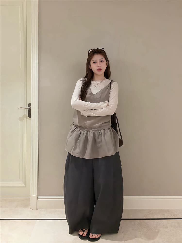 실사 둘째 머리카락 미니멀리즘 허리 수축 캐미솔 스택 착용 긴팔 기본 셔츠 투피스 세트 상세 이미지 8