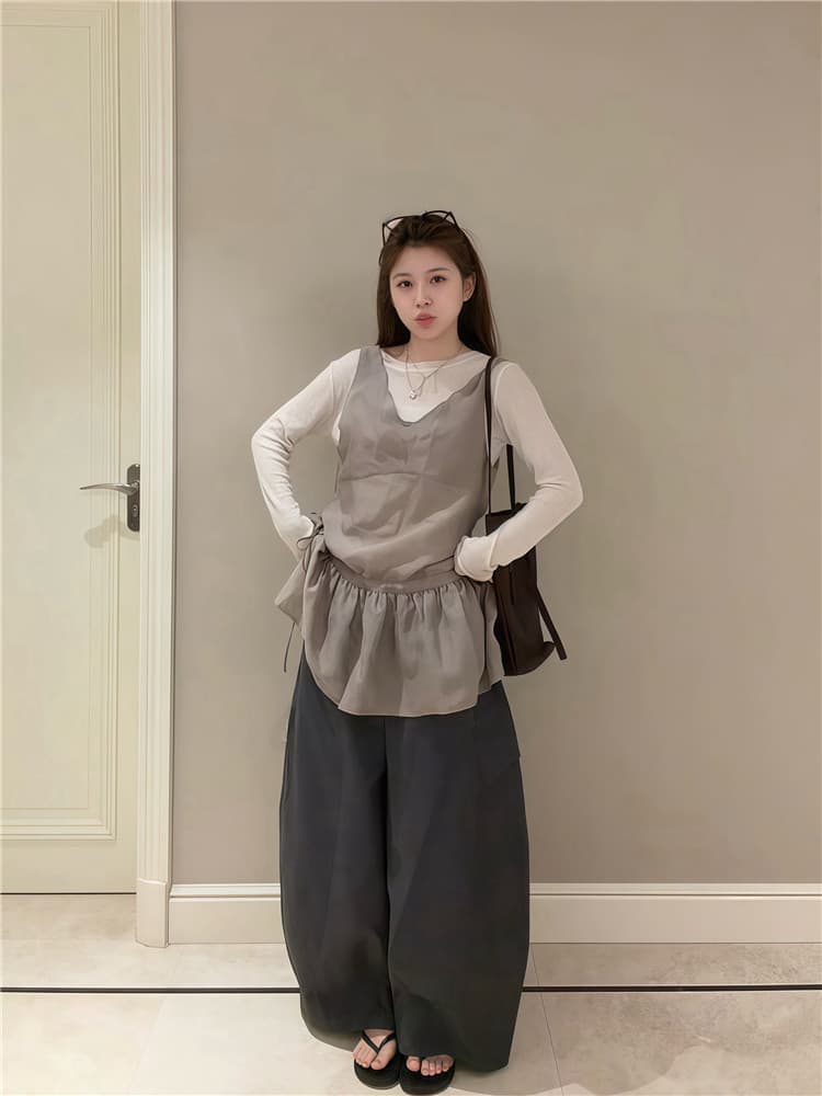 실사 둘째 머리카락 미니멀리즘 허리 수축 캐미솔 스택 착용 긴팔 기본 셔츠 투피스 세트 상세 이미지 9