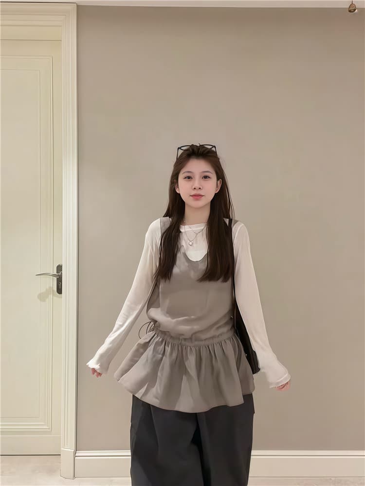 실사 둘째 머리카락 미니멀리즘 허리 수축 캐미솔 스택 착용 긴팔 기본 셔츠 투피스 세트 상세 이미지 10