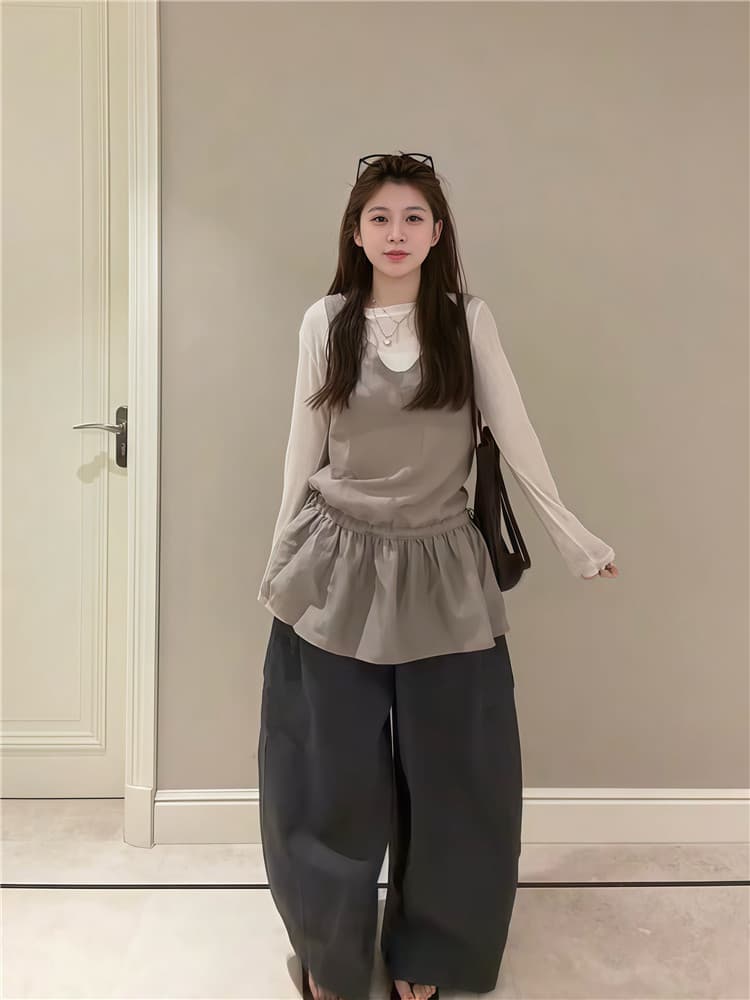 실사 둘째 머리카락 미니멀리즘 허리 수축 캐미솔 스택 착용 긴팔 기본 셔츠 투피스 세트 상세 이미지 11