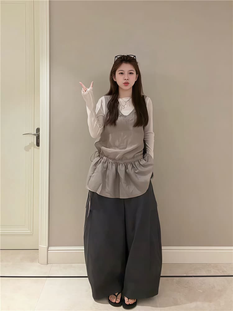 실사 둘째 머리카락 미니멀리즘 허리 수축 캐미솔 스택 착용 긴팔 기본 셔츠 투피스 세트