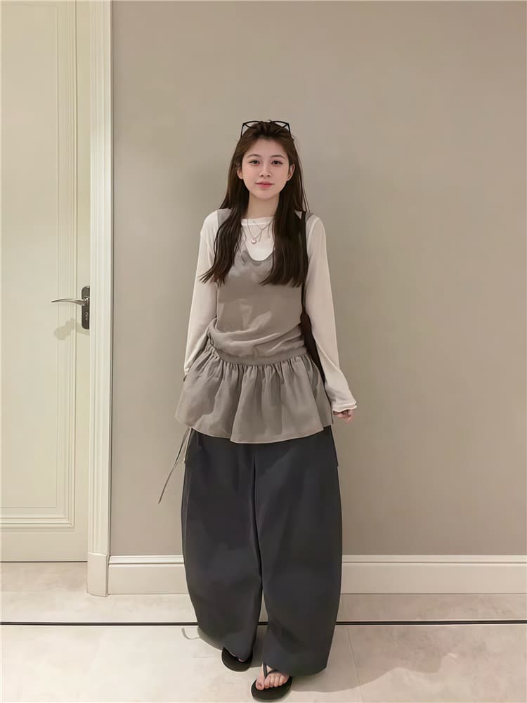 실사 둘째 머리카락 미니멀리즘 허리 수축 캐미솔 스택 착용 긴팔 기본 셔츠 투피스 세트 이미지 2