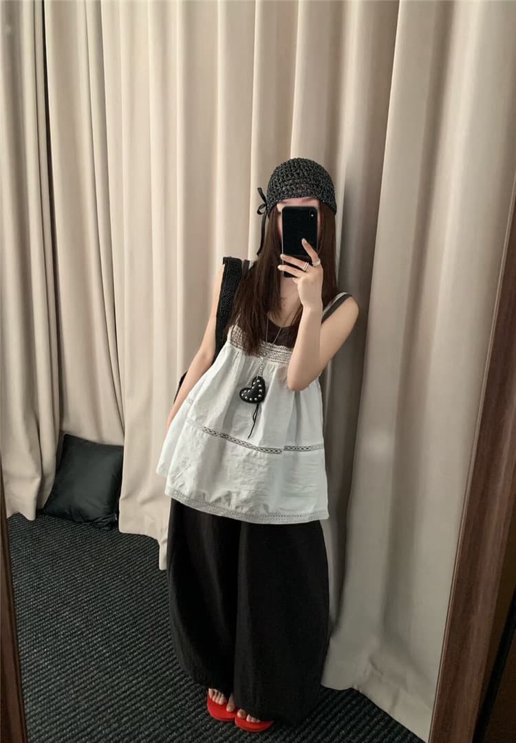실사 한국 스타일 면 린넨 자수 슬립 스택 착용 단색 투피스 조끼 이미지 2