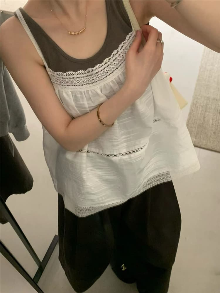 실사 한국 스타일 면 린넨 자수 슬립 스택 착용 단색 투피스 조끼 상세 이미지 5