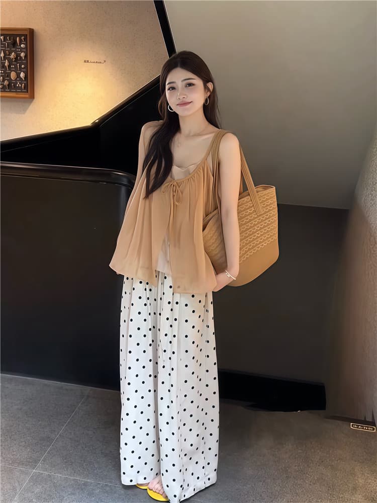 실사 한 부서 연령 감소 레이스업 민소매 슬립 작은 셔츠 스택 착용 투피스 조끼 도트 무늬 도루 센스 와이드 레그 팬츠 이미지 2