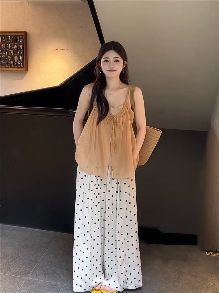 실사 한 부서 연령 감소 레이스업 민소매 슬립 작은 셔츠 스택 착용 투피스 조끼 도트 무늬 도루 센스 와이드 레그 팬츠 이미지 5