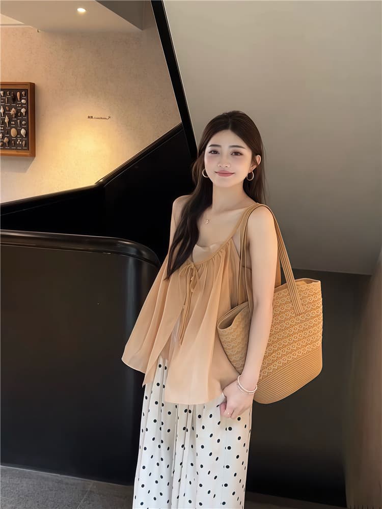 실사 한 부서 연령 감소 레이스업 민소매 슬립 작은 셔츠 스택 착용 투피스 조끼 도트 무늬 도루 센스 와이드 레그 팬츠 상세 이미지 2