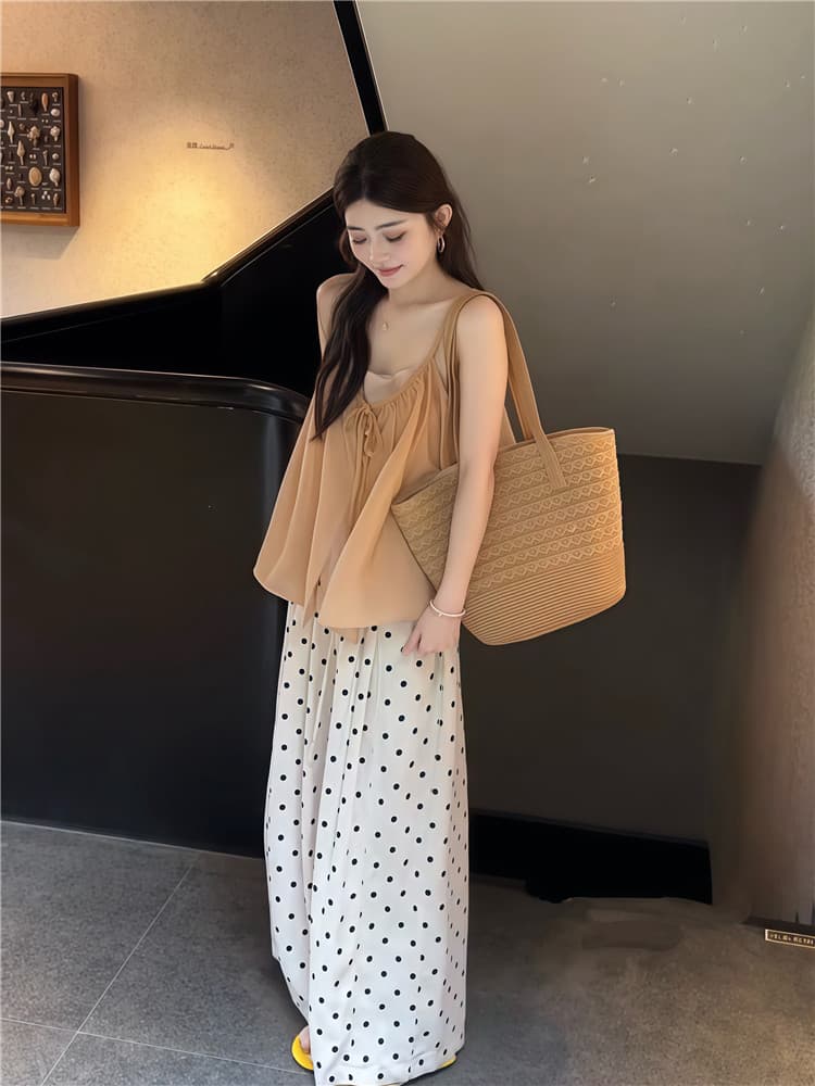 실사 한 부서 연령 감소 레이스업 민소매 슬립 작은 셔츠 스택 착용 투피스 조끼 도트 무늬 도루 센스 와이드 레그 팬츠 상세 이미지 3