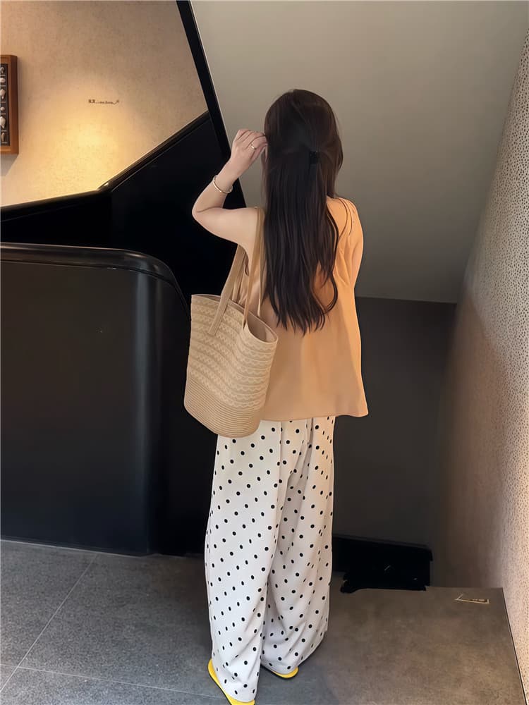 실사 한 부서 연령 감소 레이스업 민소매 슬립 작은 셔츠 스택 착용 투피스 조끼 도트 무늬 도루 센스 와이드 레그 팬츠 상세 이미지 6