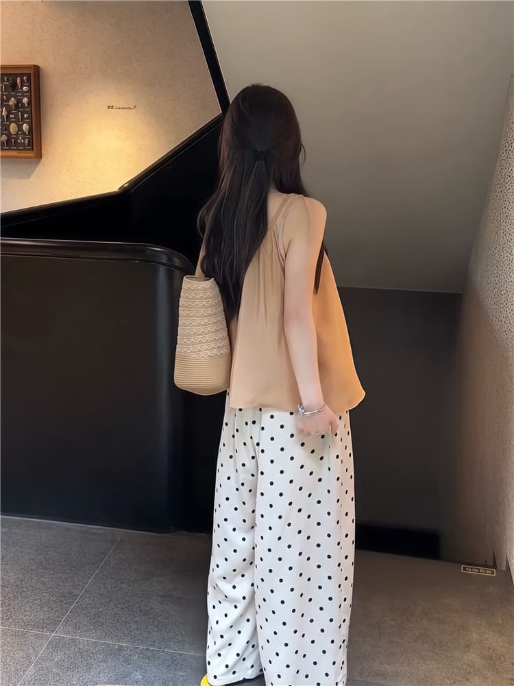 실사 한 부서 연령 감소 레이스업 민소매 슬립 작은 셔츠 스택 착용 투피스 조끼 도트 무늬 도루 센스 와이드 레그 팬츠 상세 이미지 7