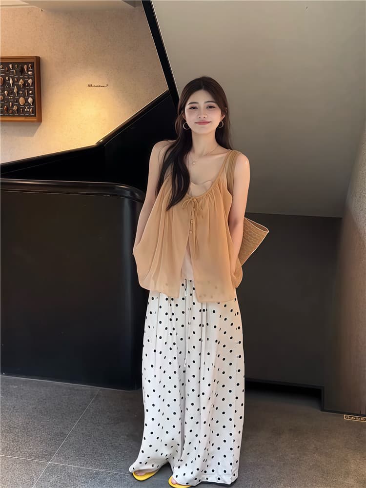 실사 한 부서 연령 감소 레이스업 민소매 슬립 작은 셔츠 스택 착용 투피스 조끼 도트 무늬 도루 센스 와이드 레그 팬츠 상세 이미지 8