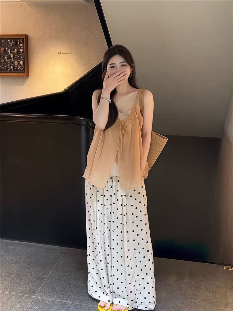 실사 한 부서 연령 감소 레이스업 민소매 슬립 작은 셔츠 스택 착용 투피스 조끼 도트 무늬 도루 센스 와이드 레그 팬츠 상세 이미지 10