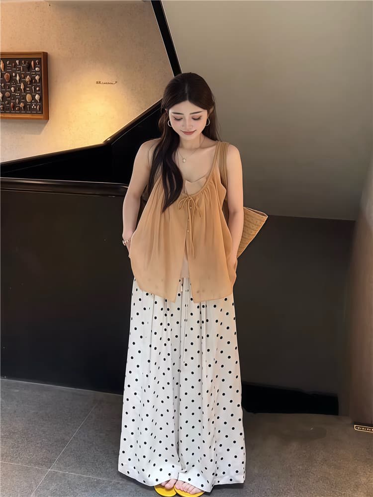 실사 한 부서 연령 감소 레이스업 민소매 슬립 작은 셔츠 스택 착용 투피스 조끼 도트 무늬 도루 센스 와이드 레그 팬츠 상세 이미지 12