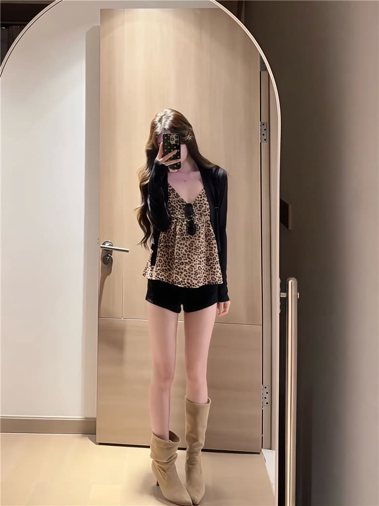 실사 한 부서 세련된 레이스 레오파드 무늬 캐미솔 얇은 스타일 긴팔 얼음 실크 자외선 차단 재킷 에어컨 서비스 상세 이미지 1