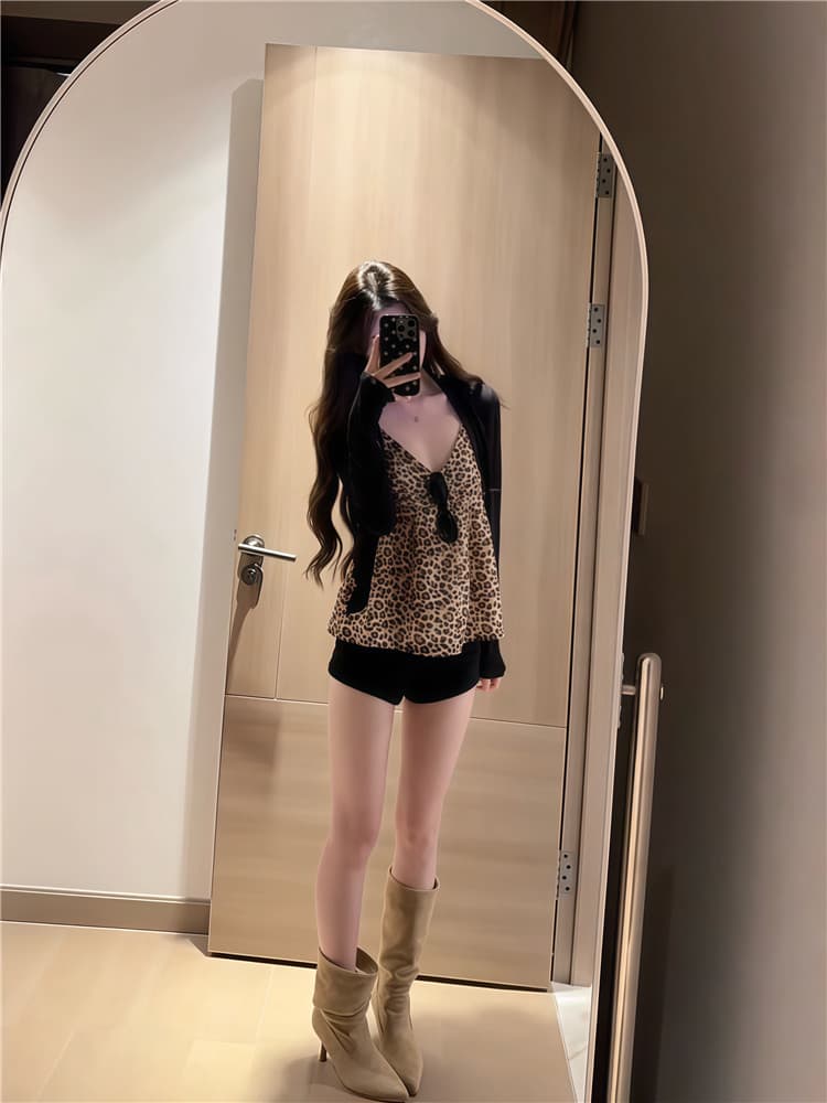 실사 한 부서 세련된 레이스 레오파드 무늬 캐미솔 얇은 스타일 긴팔 얼음 실크 자외선 차단 재킷 에어컨 서비스 상세 이미지 5