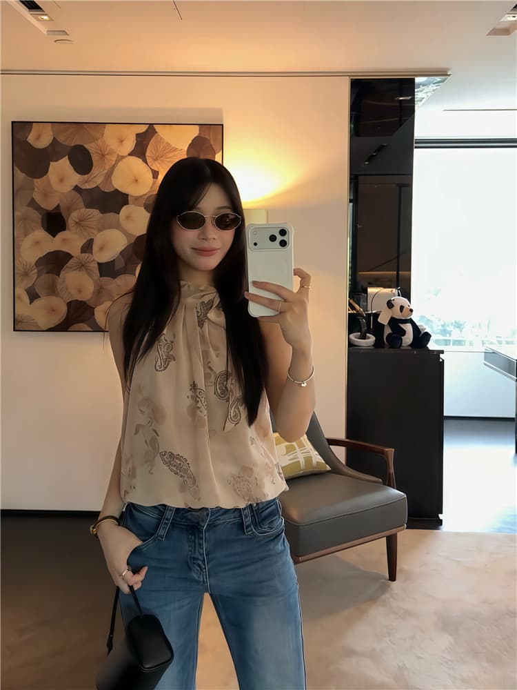 실사 행침 목 프린트 디자인 센스 프랑스식 휴가 바람 꽃밭 프린트 맨위 조끼 이미지 3