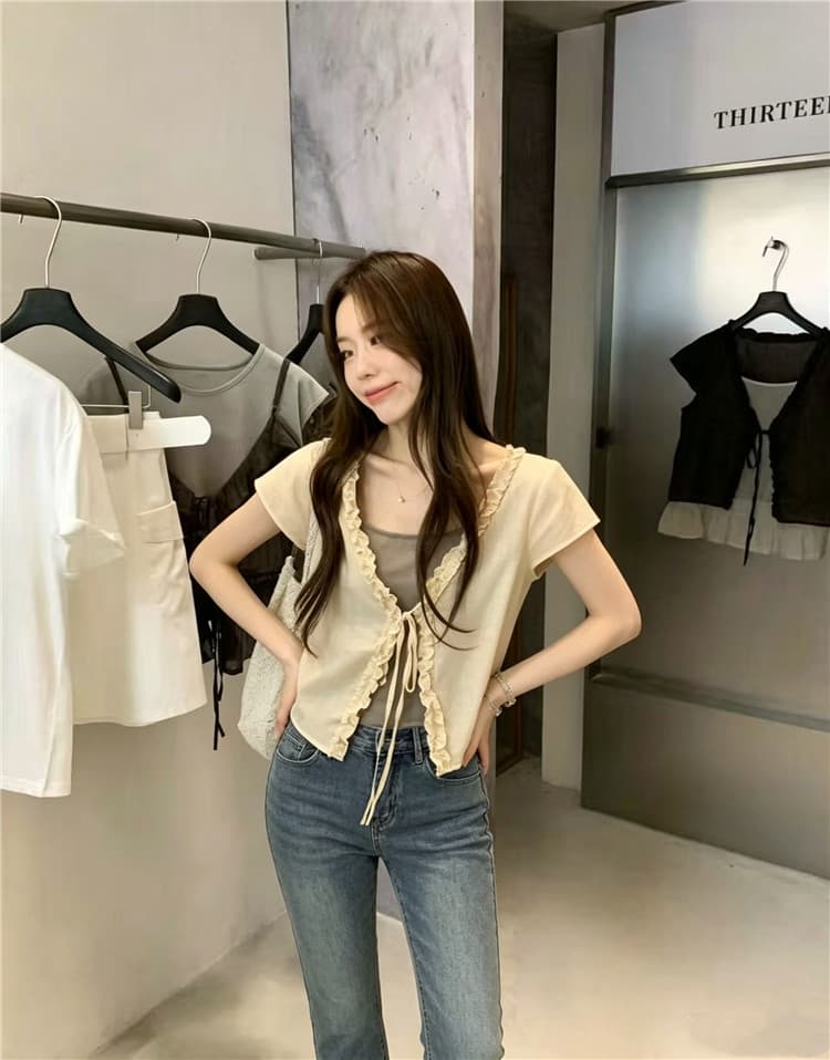 실사 프랑스식 프릴 페이크 레이어드 반팔 작은 셔츠 맨위 이미지 2