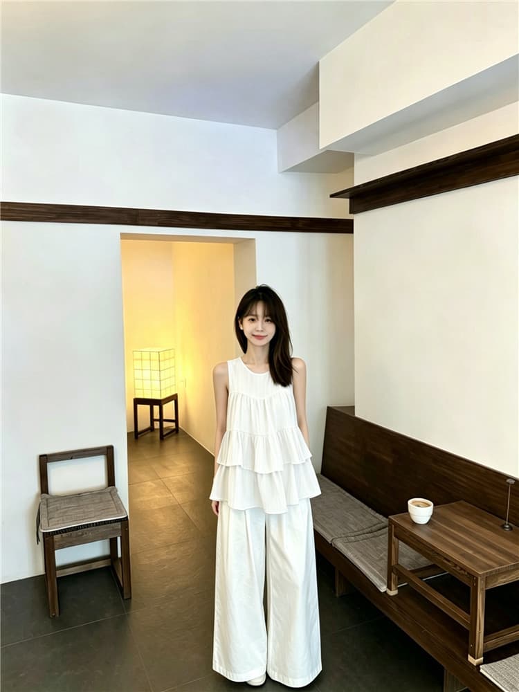 실사 프릴 계단식 민소매 작은 셔츠 조끼 맨위 상세 이미지 3