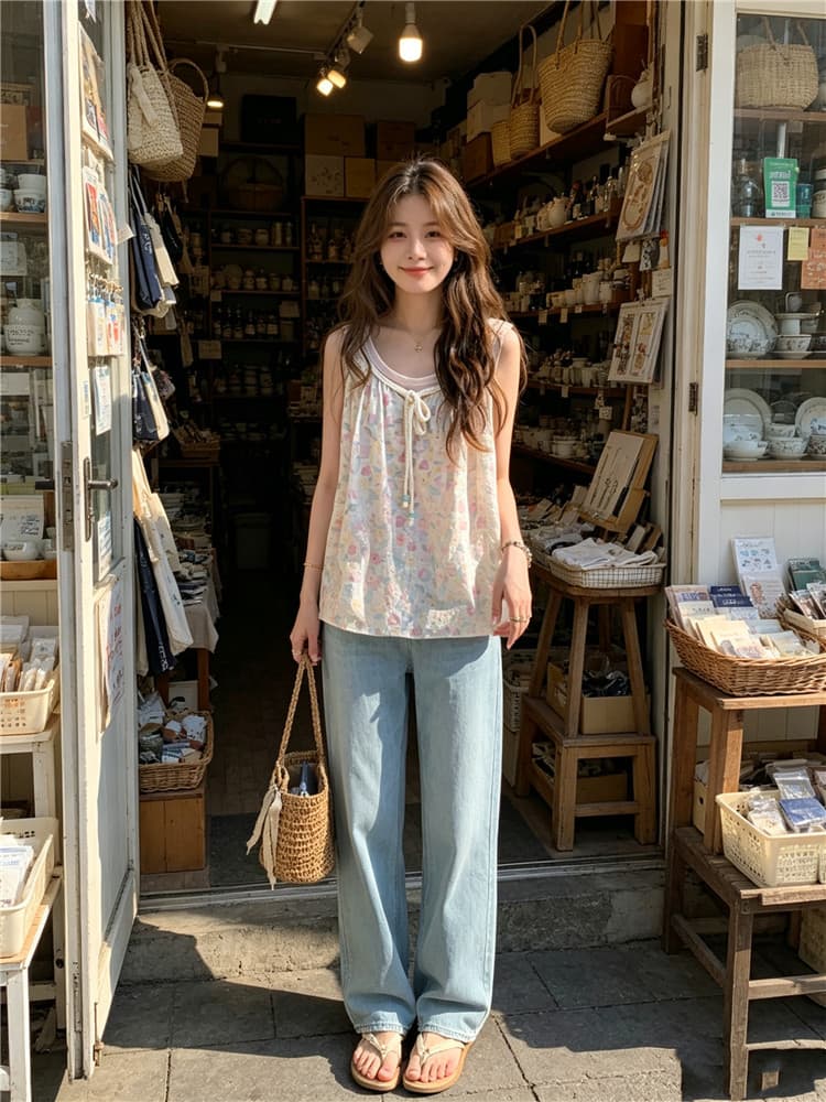 실사 둘째 머리카락 프린트 꽃무늬 레이스업 슬립 드레스 스택 착용 투피스 조끼 상세 이미지 1