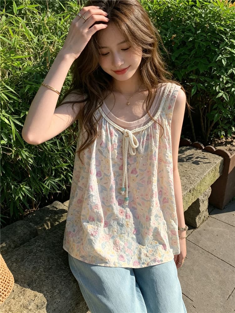 실사 둘째 머리카락 프린트 꽃무늬 레이스업 슬립 드레스 스택 착용 투피스 조끼 상세 이미지 2
