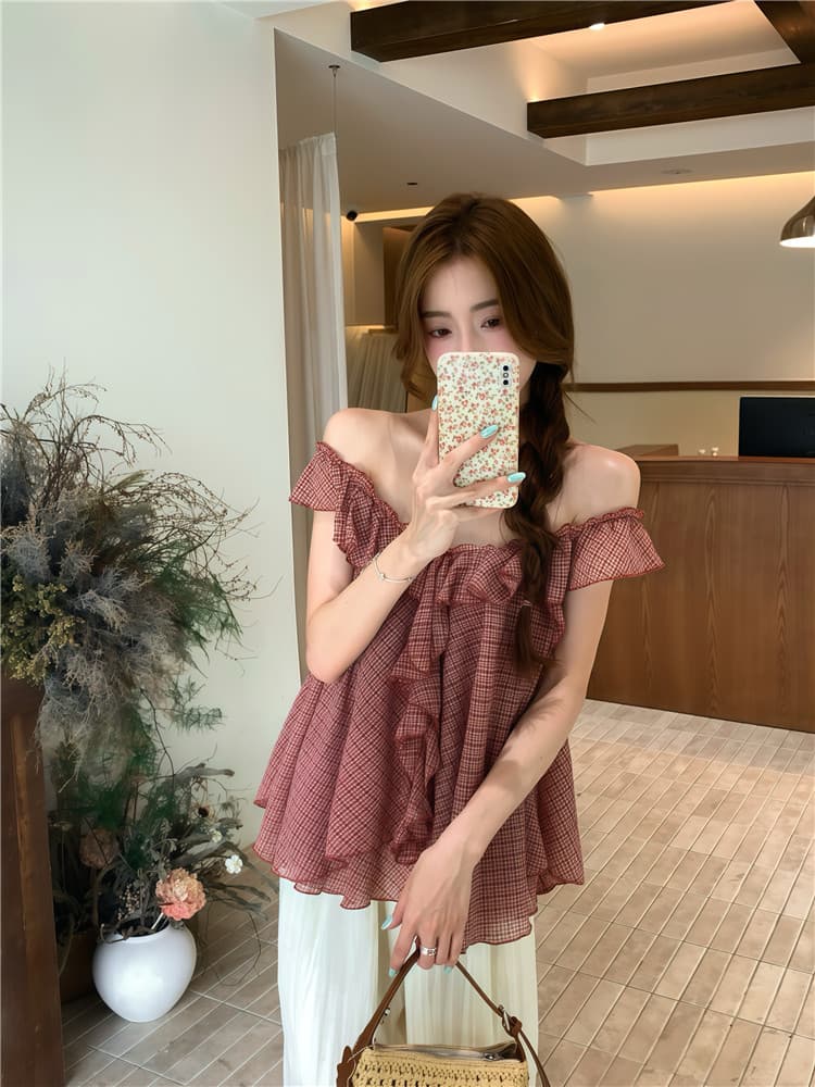 실사 프랑스식 레트로 체크무늬 루즈핏 불규칙 프릴 느슨함 센스 맨위 쉬폰 블라우스