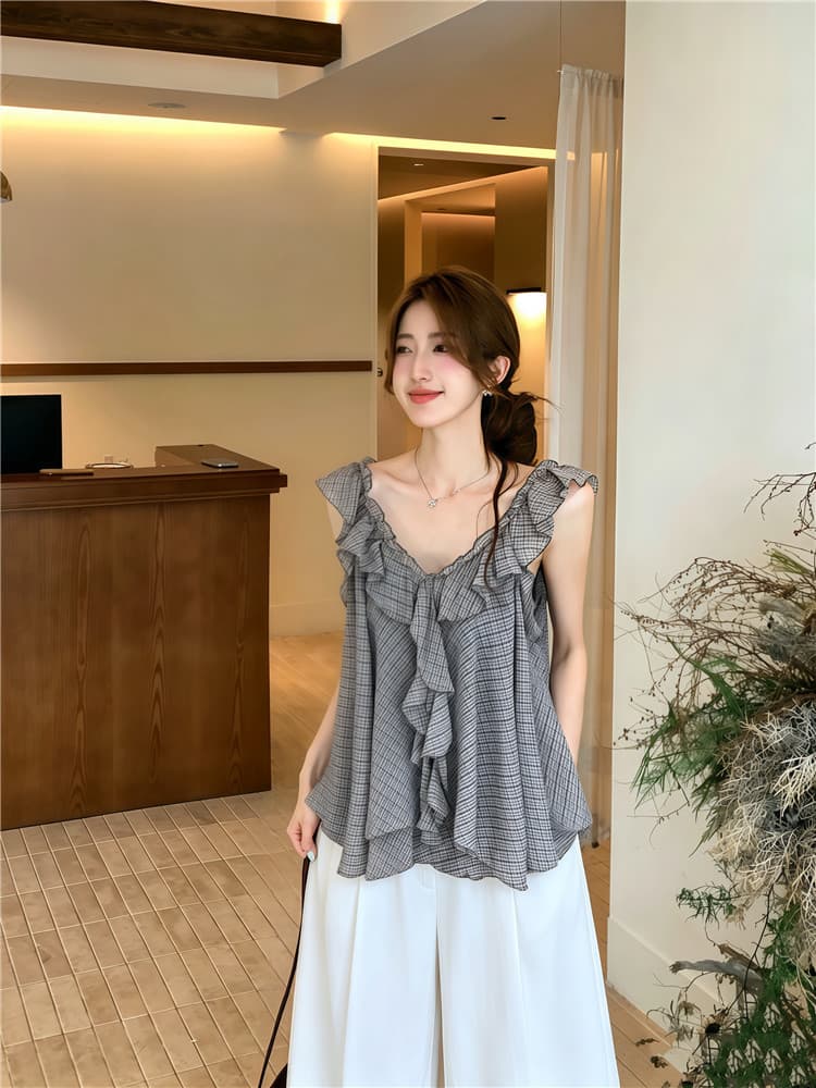 실사 프랑스식 레트로 체크무늬 루즈핏 불규칙 프릴 느슨함 센스 맨위 쉬폰 블라우스 상세 이미지 11