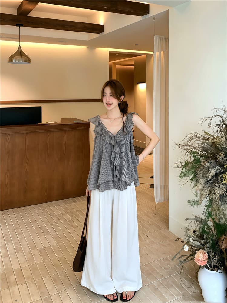 실사 프랑스식 레트로 체크무늬 루즈핏 불규칙 프릴 느슨함 센스 맨위 쉬폰 블라우스 상세 이미지 13