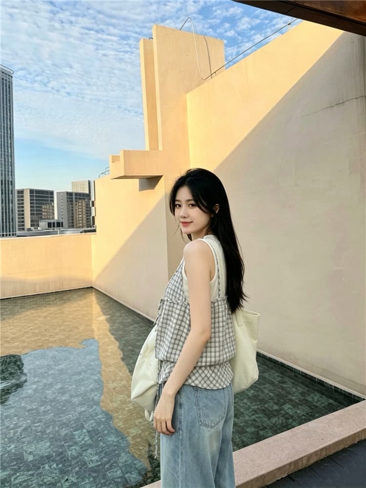 실사 한 부서 체크무늬 패치워크 민소매 조끼 디자인 센스 캐주얼 행침 목 페이크 레이어드 맨위 상세 이미지 5