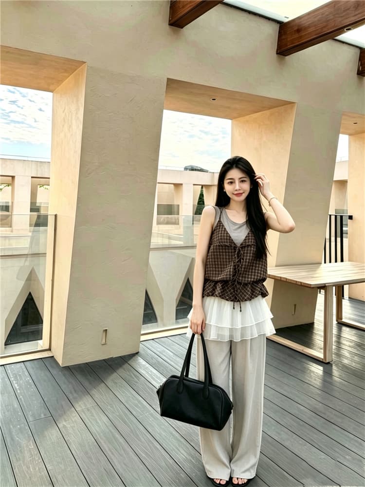 실사 한 부서 체크무늬 패치워크 민소매 조끼 디자인 센스 캐주얼 행침 목 페이크 레이어드 맨위 상세 이미지 8